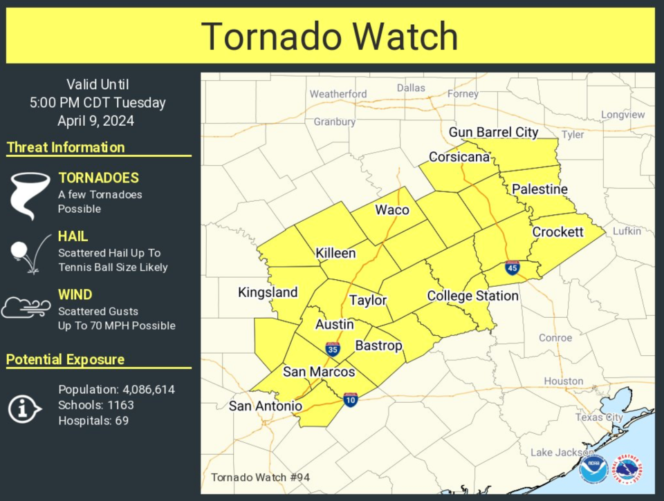 The National Weather Service issued a tornado watch in Travis County and surrounding counties. The watch is valid until 5 p.m. Thursday.