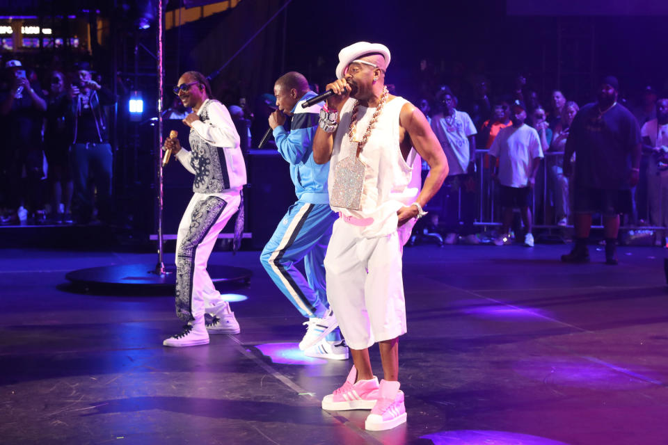 NEW YORK, NEW YORK - AUGUST 11: Snoop Dogg, Doug E Fresh, and Slick Rick attend Hip Hop 50 Live at Yankee Stadium on August 11, 2023 in New York City. (Photo by Johnny Nunez/WireImage)