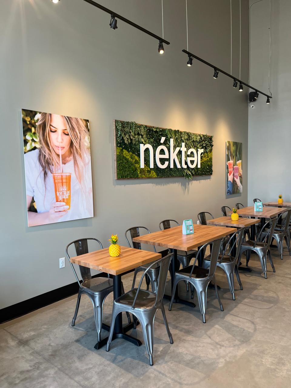 Interior seating area at Nékter Juice Bar located at Dawley Farm in Sioux Falls.