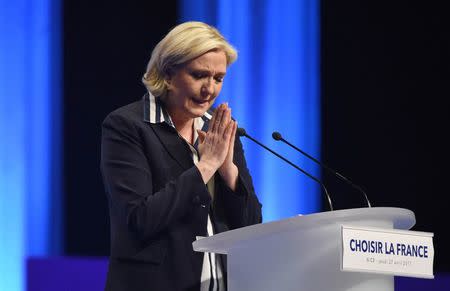 Marine Le Pen, French National Front (FN) political party candidate for French 2017 presidential election attends a campaign rally in Nice, France, April 27, 2017. REUTERS/Jean-Pierre Amet