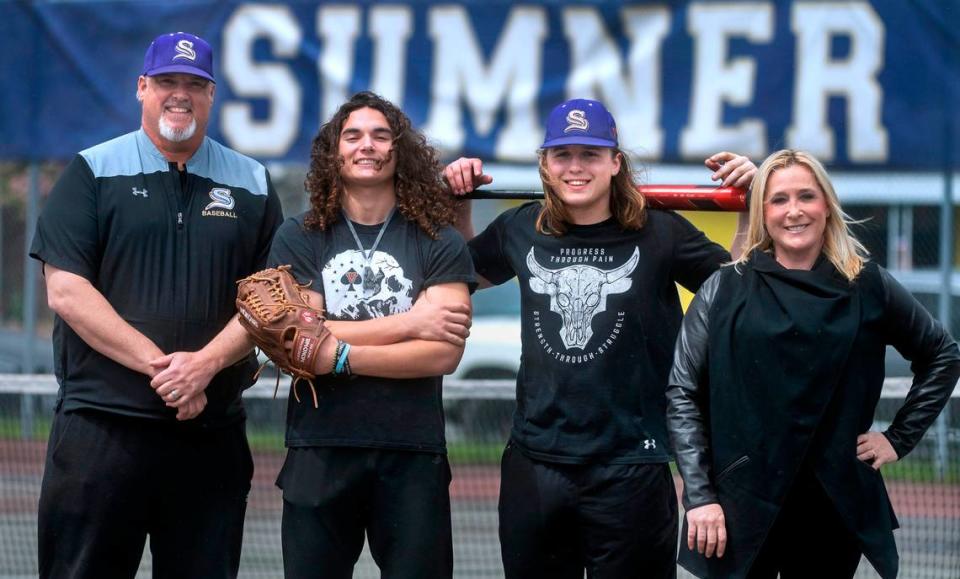 Sumner assitant baseball coach Justine Mentink with his son, junior outfielder Jay Mentink, and sophomore catcher/first baseman Jaxen Mentink with his mother, Mariners Live co-anchor Angie Mentink. They are shown at Sumner High School on Wednesday, May 18, 2022.