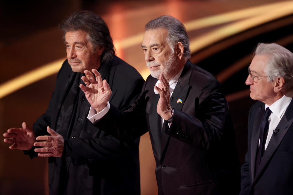 Al Pacino, Francis Ford Coppola, and Robert De Niro speak onstage at the 94th Academy Awards held at Dolby Theatre at the Hollywood & Highland Center on March 27th, 2022 in Los Angeles, California. (Photo by Chris Polk/Variety/Penske Media via Getty Images)