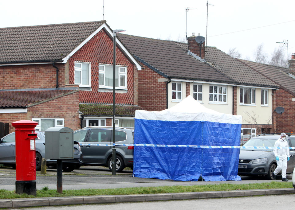 Police forensic officers at the scene where a tent has been erected outside a property in New Zealand Lane, Duffield.  January 1, 2020.  See SWNS story SWMDpolice.  Police are dealing with a serious incident in a Derbyshire village this morning.  Officers were called to a house in New Zealand Lane, Duffield, shortly after 4am and have since set up a cordon in the surrounding area.  A spokesperson for Derbyshire police said: "Officers remain at a house in Duffield this morning following a serious incident.