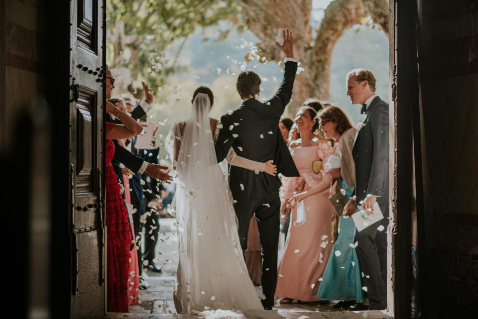 The Bride Wore Feathers for Her Civil Ceremony in London, and a Dress Embroidered With Peonies to Her Micro-Wedding in Portugal