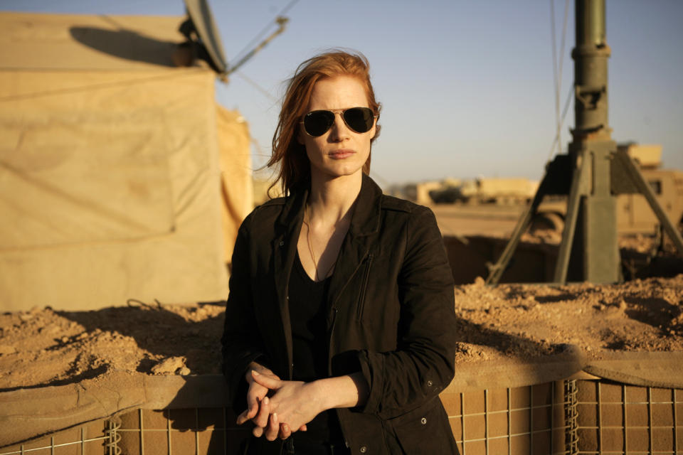 FILE - This undated publicity film image provided by Columbia Pictures Industries, Inc. shows Jessica Chastain in"Zero Dark Thirty." (AP Photo/Columbia Pictures Industries, Inc., Jonathan Olley, File)