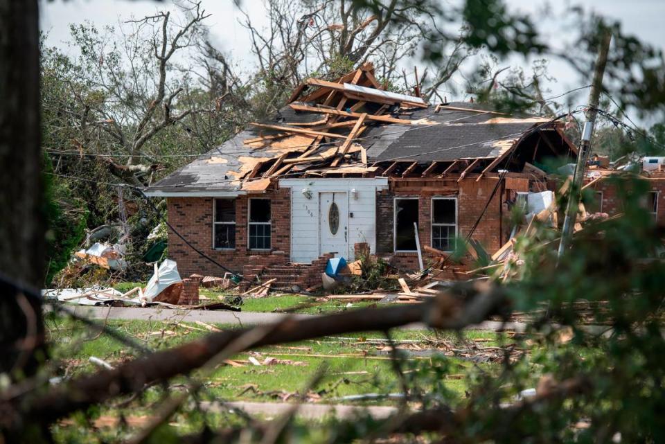 A damaged home in Moss Point on Tuesday, June 20, 2023, after a tornado tore through the town on Monday.