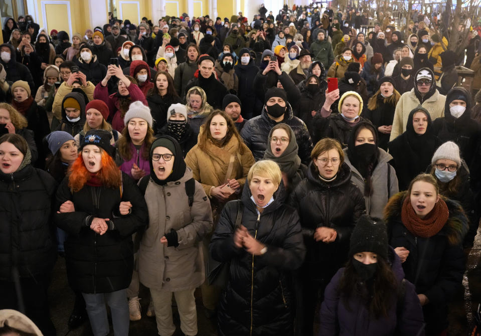 FILE - Antiwar demonstrators shout slogans in St. Petersburg, Russia, Feb. 25, 2022. (AP Photo, File)