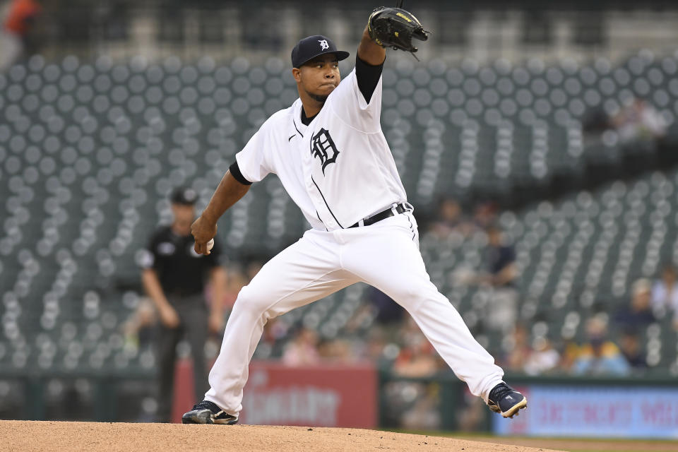 Detroit Tigers pitcher Wily Peralta winds up during the first inning of the team's baseball game against the Milwaukee Brewers in Detroit, Tuesday, Sept. 14, 2021. (AP Photo/Lon Horwedel)