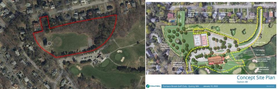 Initial plans for a new clubhouse and parking lot for Furnace Brook Golf Course would have covered more than half of Forbes Hill Park's green space. The city responded to residents' concerns with revised plans that preserve the park large rectangular lawn.