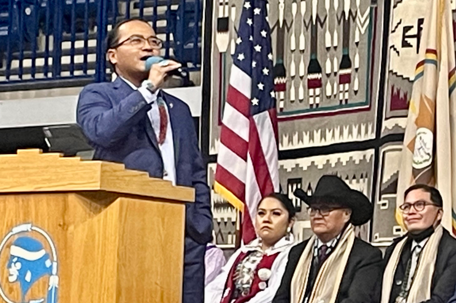 <em>Navajo Nation President Buu Nygren delivering his inaugural address in January 2023. (Photo/Levi Rickert) </em>