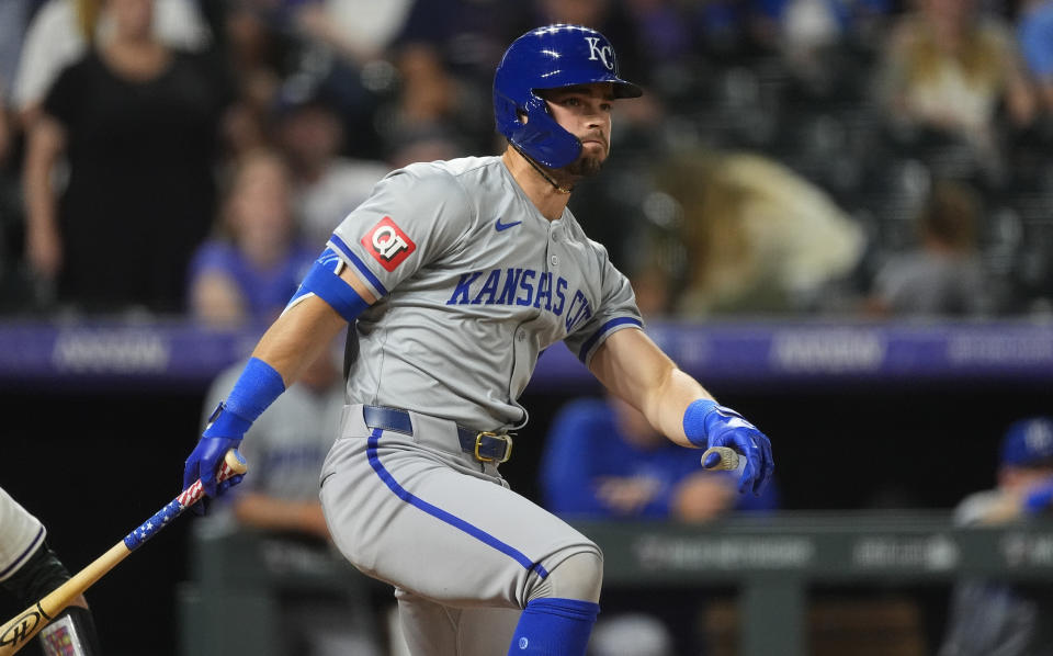 Kansas City Royals pinch-hitter Michael Massey grounds out against Colorado Rockies relief pitcher Victor Vodnik to end a baseball game Saturday, July 6, 2024, in Denver. (AP Photo/David Zalubowski)