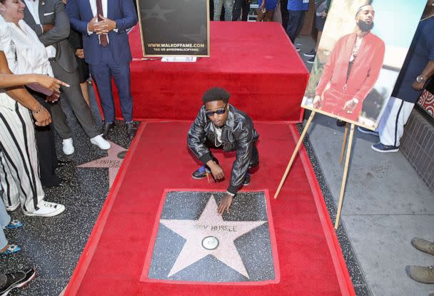 PHOTO: Roddy Ricch is seen as Nipsey Hussle is posthumously honored with a star on The Hollywood Walk of Fame on Aug. 15, 2022, in Los Angeles. (Phillip Faraone/Getty Images)