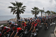 The pack rides along the beach of the Promenade des Anglais during the first stage of the Tour de France cycling race over 156 kilometers (97 miles) with start and finish in Nice, southern France, Saturday, Aug. 29, 2020. (AP Photo/Christophe Ena)