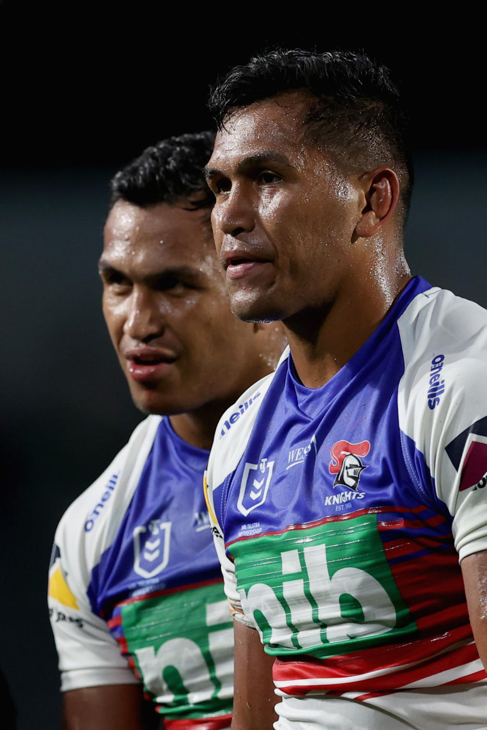 GOSFORD, AUSTRALIA - MARCH 19: Jacob and Daniel Saifiti of the Knights after the game during the round two NRL match between the New Zealand Warriors and the Newcastle Knights at Central Coast Stadium on March 19, 2021, in Gosford, Australia. (Photo by Ashley Feder/Getty Images)