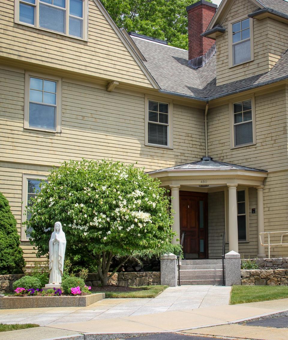 A statue of Mary stands outside the Diocese of Fall River's headquarters on Highland Avenue on June 26, 2024.