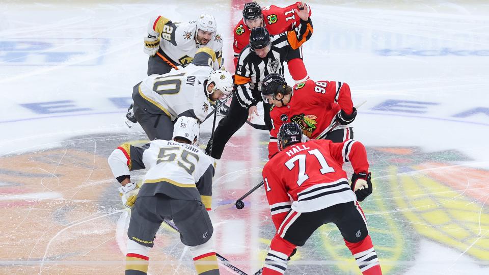 The Chicago Blackhawks can't buy a faceoff win. (Michael Reaves/Getty Images)