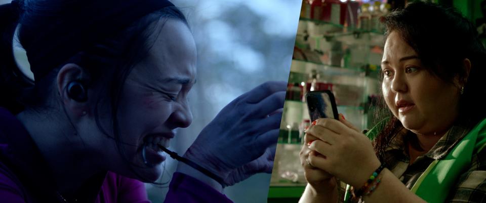 A depressed gas station clerk (Jolene Purdy, right) helps a nearly blind woman (Midori Francis) escape her murderous ex in the woods via video call in the survival thriller "Unseen."