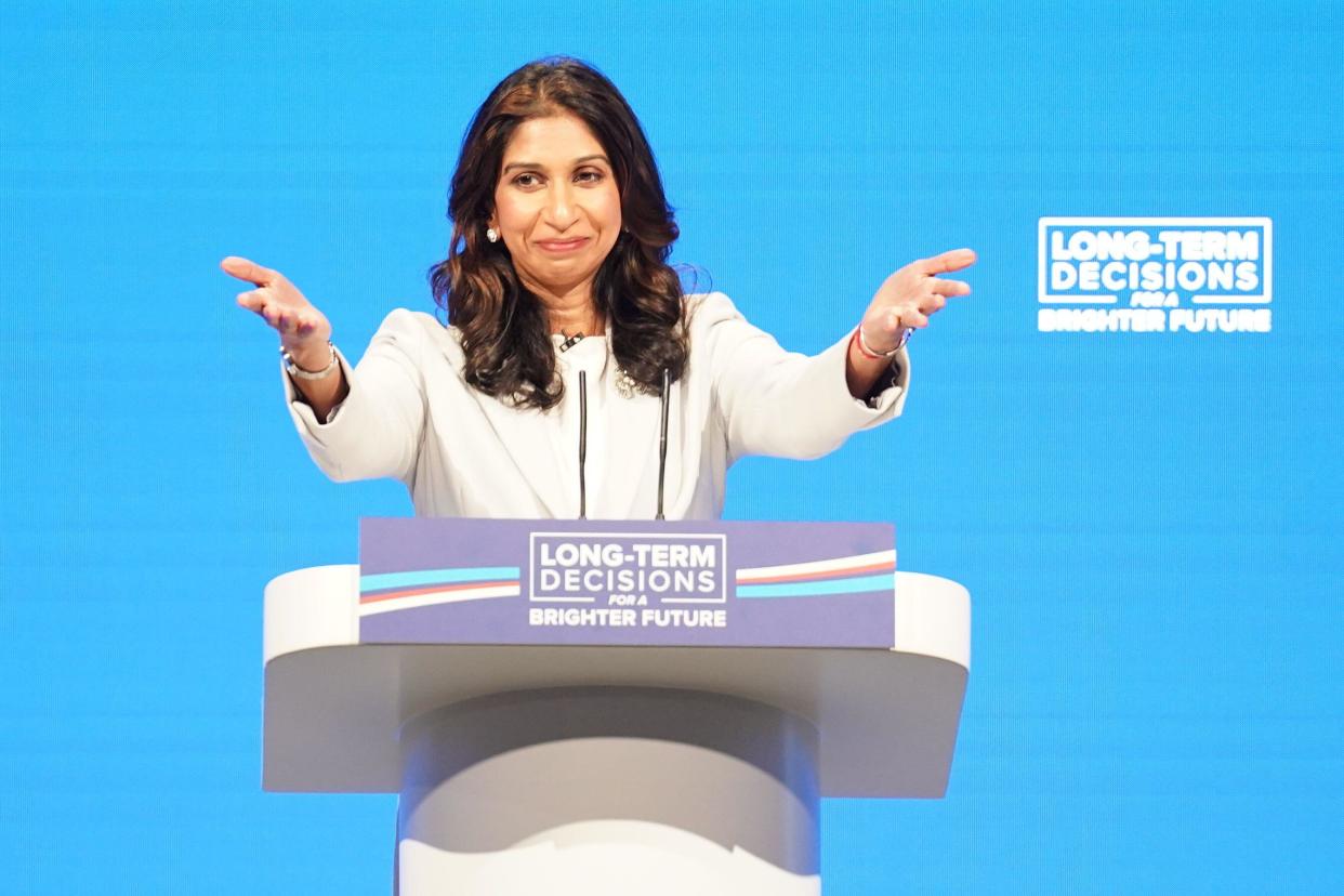 Home Secretary Suella Braverman delivers her keynote speech during the Conservative Party annual conference at the Manchester Central convention complex. Picture date: Tuesday October 3, 2023.