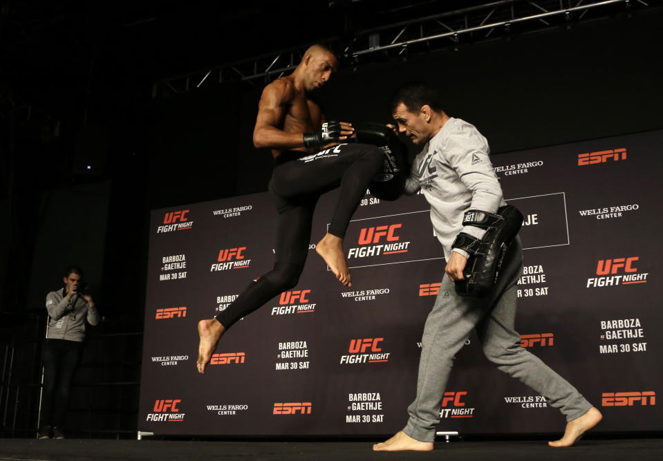 In this Wednesday March 27, 2019 photo, UFC fighter Edson Barboza works out in Philadelphia. Barboza fights Justin Gaethje in a lightweight bout in the main event of the UFC card in Philadelphia on March 30. The bout features two of the most ferocious kickers in the sport, who are both coming off wins following two straight losses. Gaethje viewed the fight as an elimination bout of sorts for each fighter to stay in the hunt for a championship match against Khabib Nurmagomedov. (AP Photo/Jacqueline Larma)