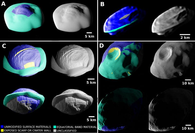 Maps showing segmented geological features of Atlas (A), Daphnis (B), Pan (C), and Pandora (D).