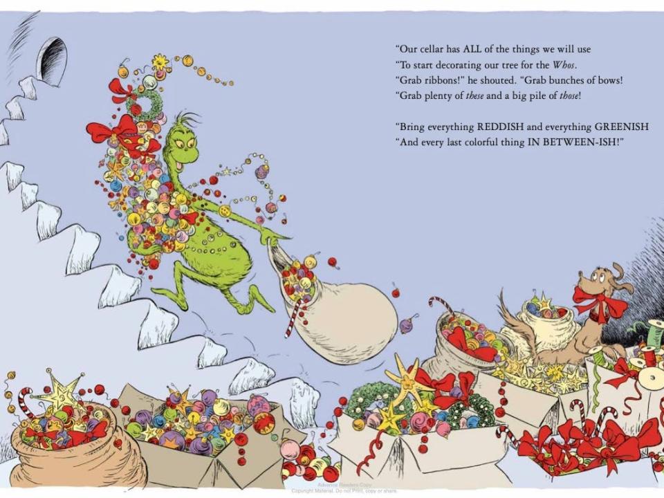 A page from "How the Grinch Lost Christmas!" where the Grinch is running up a staircase, with boxes of Christmas decorations surrounding him as he carries the decorations upstairs.