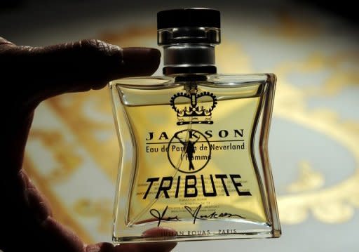 A bottle of "Jackson Tribute" for men is displayed during the launch of the new fragances, "Jackson Tribute" for men and "Jackson Legend" for women, in Las Vegas, Nevada on June 9. The botched launch of the perfume in memory of pop icon Michael Jackson caused a stink this week, as his father distanced himself from a Frenchman behind the deal, and a lawsuit disputed their rights