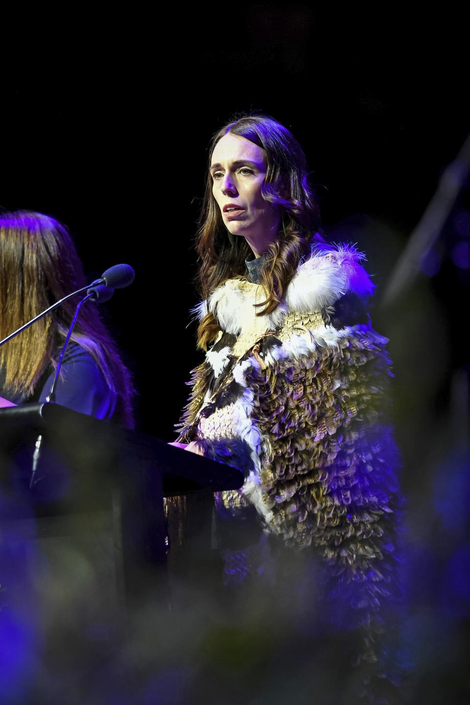 New Zealand's Prime Minister Jacinda Ardern speaks at a National Remembrance Service, Saturday, March 13, 2021, in Christchurch, New Zealand. The service marks the second anniversary of a shooting massacre in which 51 worshippers were killed at two Christchurch mosques by a white supremacist. (Mark Tantrum/Department of Internal Affairs via AP)