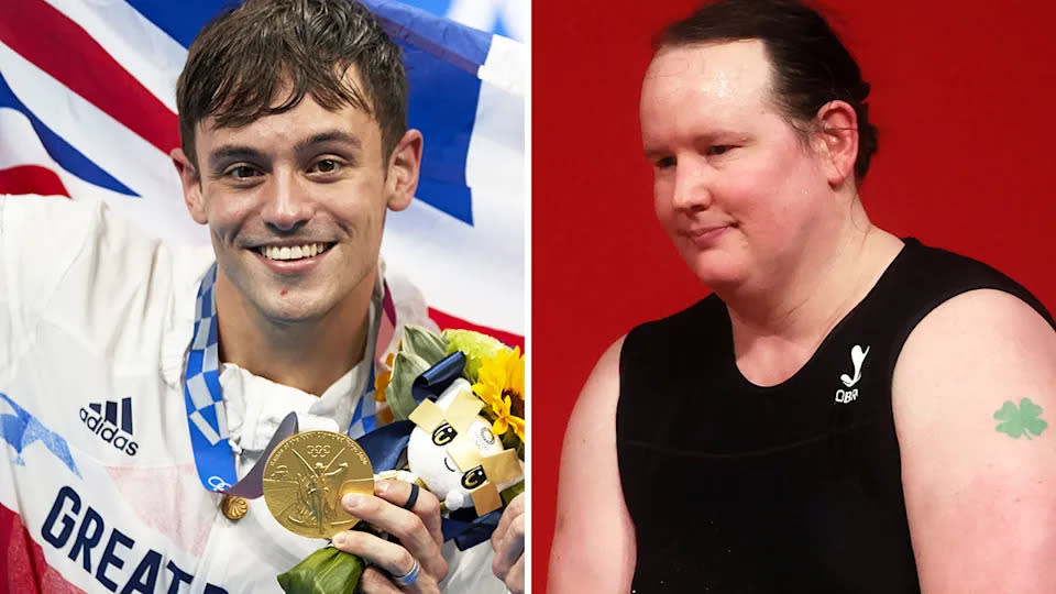 British diving champion Tom Daley, who is gay, and New Zealand weightlifter Laurel Hubbard, who is a transgender woman, were targeted with disgusting abuse from Russian TV presenters. Pictures: Getty Images
