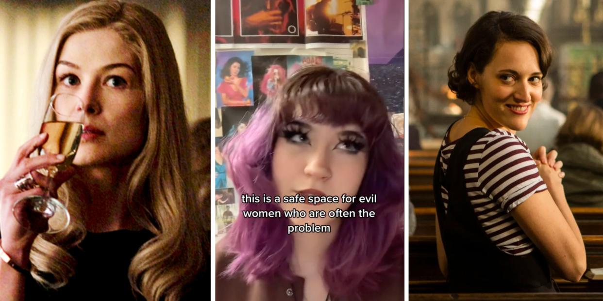 Screenshot of Amy Dunne ("Gone Girl") and "Fleabag," as well as a TikTok female manipulator video screenshot.