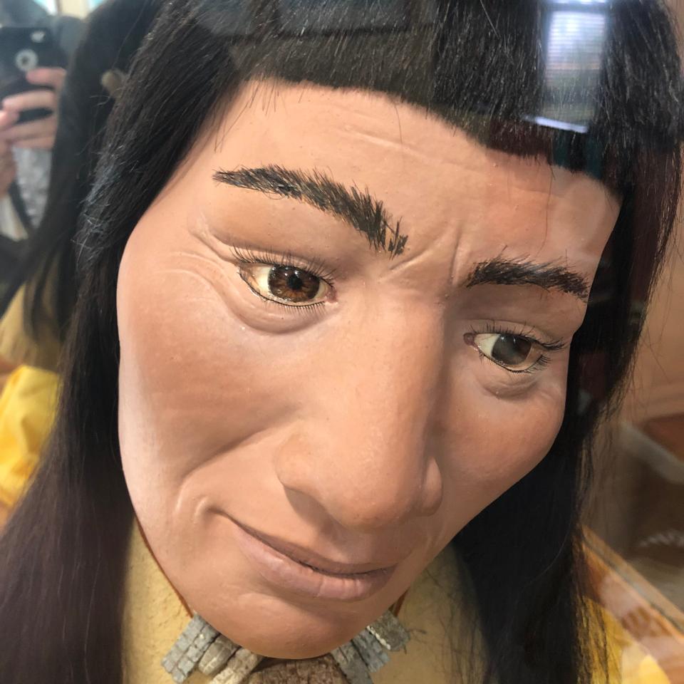 Resilience, the recreation of a Monacan face based on a skull found in a burial mound, gazes at visitors to the Monacan Museum in Amherst, Va.