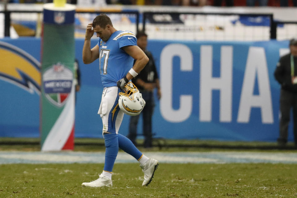 Los Angeles Chargers quarterback Philip Rivers walks off the field during the second half of an NFL football game against the Kansas City Chiefs, Monday, Nov. 18, 2019, in Mexico City. (AP Photo/Eduardo Verdugo)