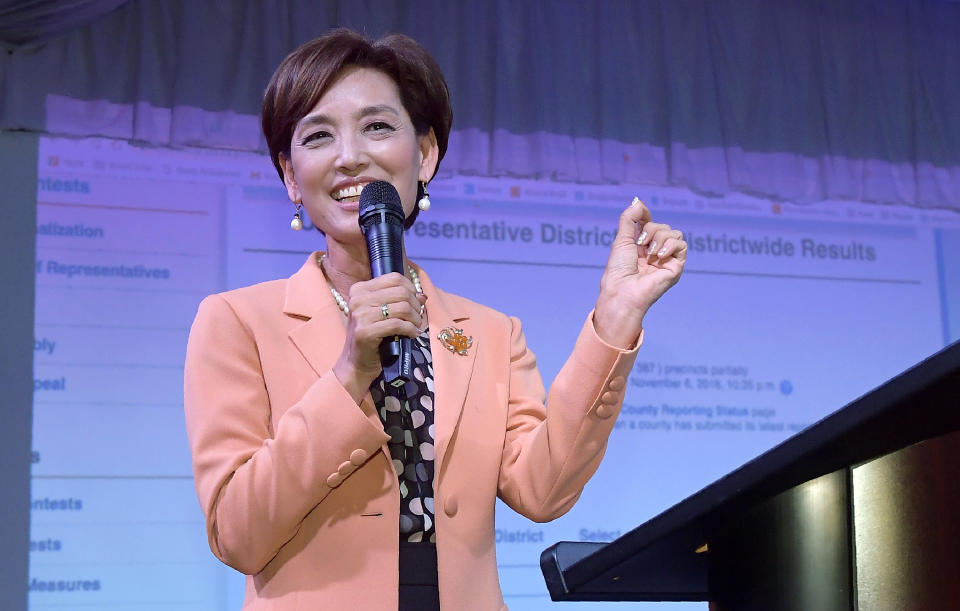 FILE - In this Nov. 6, 2018, file photo, Young Kim, then a Republican candidate for the 39th Congressional District in California, speaks to supporters in the Rowland Heights section of Los Angeles. This year, Kim narrowly defeated Democratic Rep. Gil Cisneros in a Southern California district the GOP lost two years ago. Kim, a former state legislator, won her rematch with Cisneros and gave Republicans their second House victory over a Democratic incumbent in Orange County this election. (AP Photo/Mark J. Terrill, File)