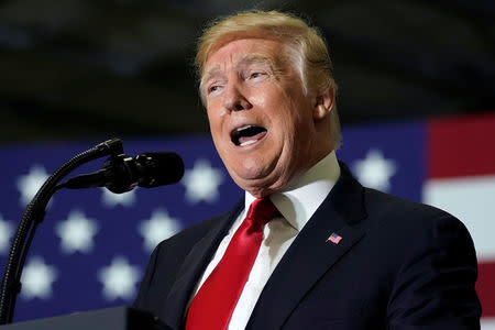 U.S. President Donald Trump speaks at a Make America Great Again Rally in Washington, Michigan April 28, 2018. REUTERS/Joshua Roberts