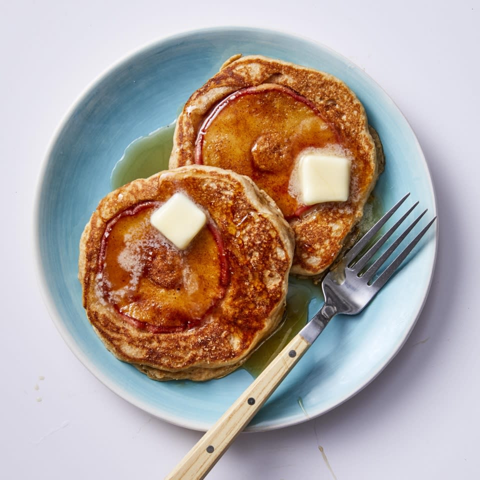 <p>These healthy apple pancakes puff to perfection thanks to the right combination of ingredients, including a mixture of double-acting baking powder and baking soda (using both ensures the batter will spread out evenly and rise well). Ricotta cheese makes pancakes moister than using milk alone, and it packs nearly four times more protein than whole milk. Walnut oil is full of healthy fats and has a rich, nutty flavor, and white whole-wheat flour packs in more fiber than all-purpose flour. A bit of buttermilk adds a nice tang to these flapjacks. All in all, it adds up to a healthy breakfast that's sure to impress.</p>