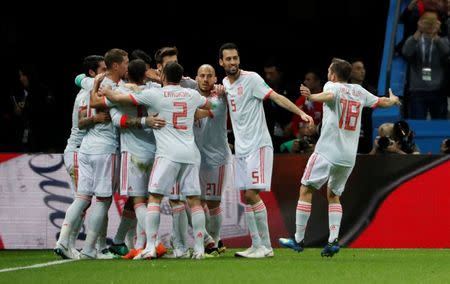 Soccer Football - World Cup - Group B - Iran vs Spain - Kazan Arena, Kazan, Russia - June 20, 2018 Spain's Diego Costa celebrates with team mates after scoring their first goal REUTERS/Jorge Silva