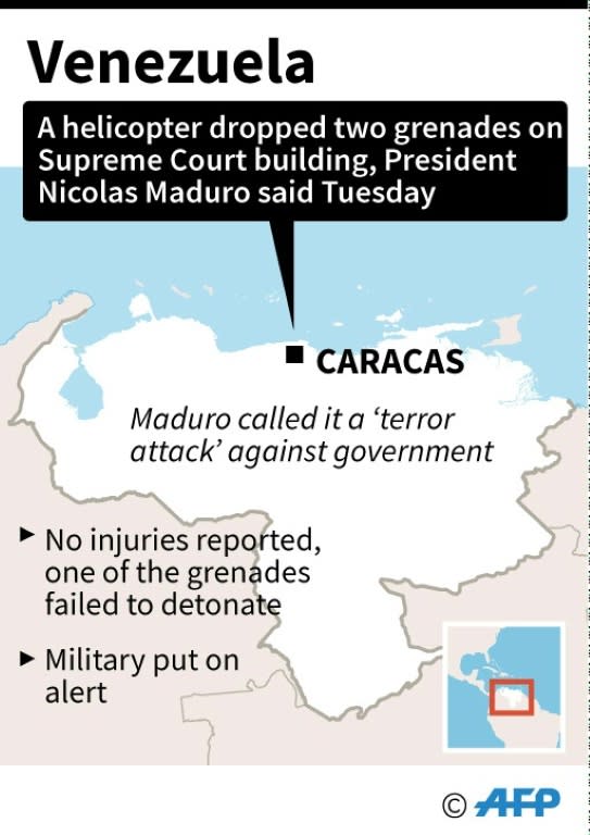 Map of Venezuela locating Caracas, where two grenades were allegedly thrown at the Supreme Court building from a helicopter commandeered by a rogue police officer