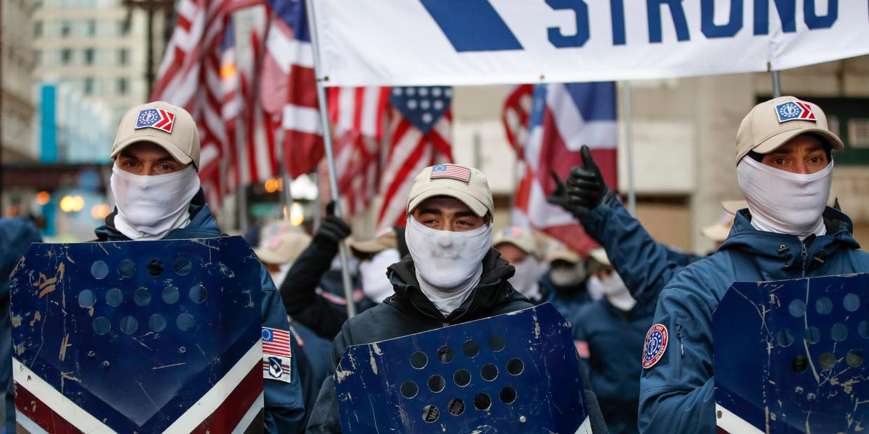 The white nationalist group Patriot Front attends the March For Life on January 8, 2022 in Chicago, Illinois.