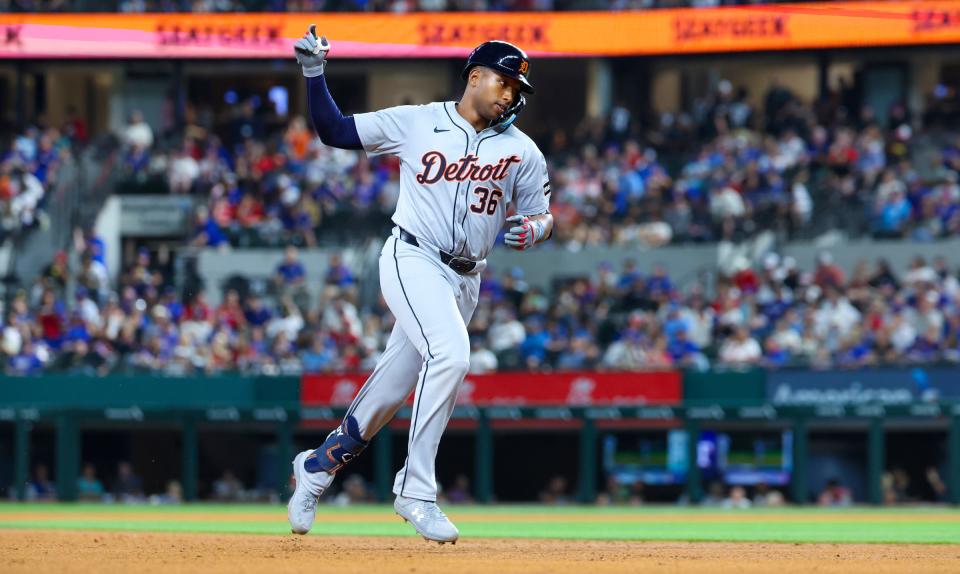 Tigers designated hitter Justyn-Henry Malloy reacts after hitting a home run during the sixth inning against the Rangers on Wednesday, June 5, 2024, in Arlington, Texas.