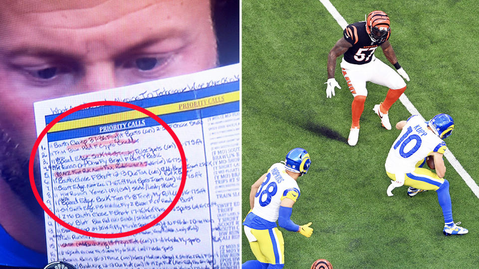 Sean McVay, pictured here inadvertently exposing the Los Angeles Rams' strategy during the Super Bowl.