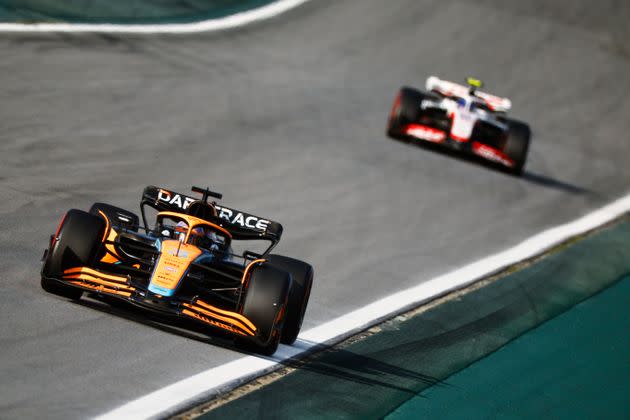 Daniel Ricciardo driving for McLaren leads Mick Schumacher driving for Haas during the Sprint ahead of the F1 Grand Prix of Brazil on Nov. 12, 2022, in Sao Paulo.