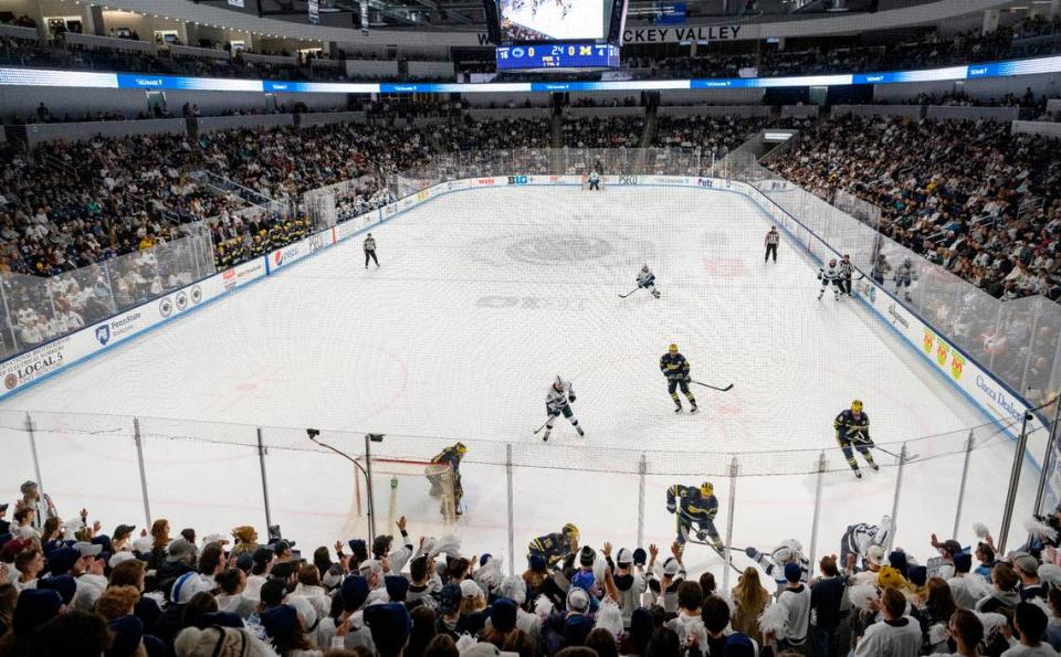 Penn State men’s hockey plays Michigan in front of 6,445 fans, the second largest in Pegula Ice Arena history on Friday, Nov. 4, 2022.