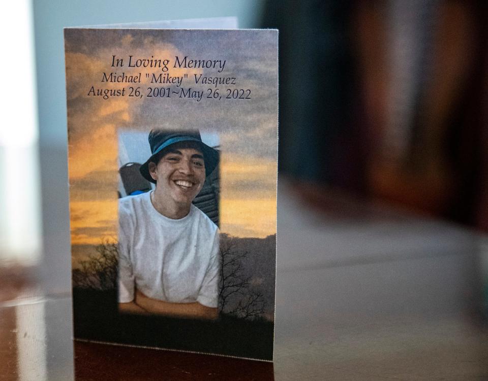 A program from the funeral service for Michael Vasquez is seen at his momÕs home in Menifee, Calif., Wednesday, Sept. 14, 2022. 