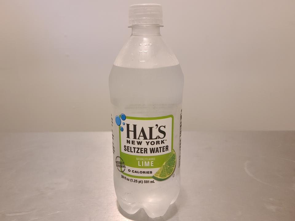 bottle of hals lime flavored seltzer water on a kitchen counter