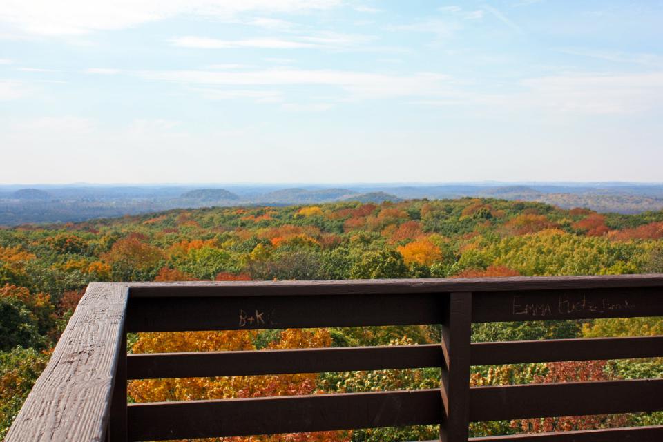 Fall colors surround glacial kames that are visible from the top of the Parnell Tower in the Kettle Moraine State Forest-Northern Unit.