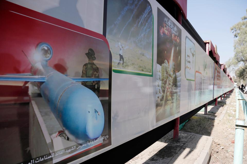 A billboard with images depicting anti-ship missiles is displayed in an exhibition launched in solidarity with Palestinians and against the Israeli bombardment in Gaza on Jan. 31, 2024, in Sana'a, Yemen.
