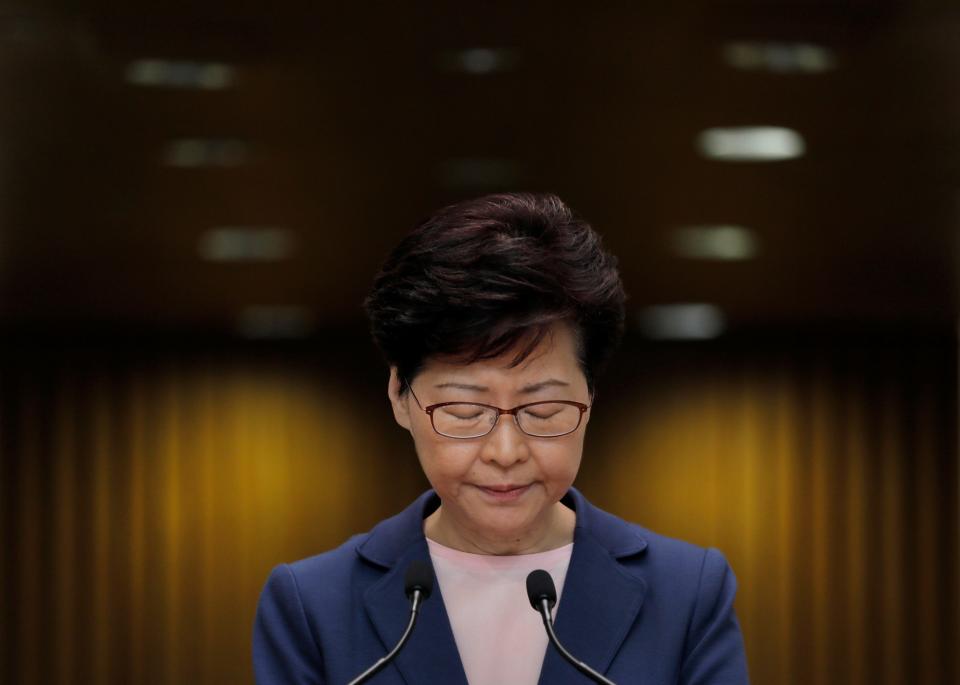 Hong Kong Chief Executive Carrie Lam pauses during a press conference in Hong Kong, Tuesday, July 9, 2019. Lam said Tuesday the effort to amend an extradition bill was dead, but it wasn't clear if the legislation was being withdrawn as protesters have demanded.