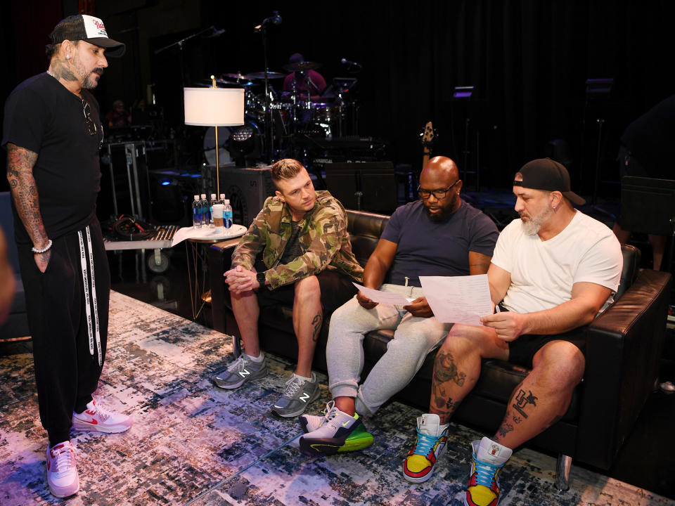 <p>Backstreet Boys' AJ McLean, Nick Carter and Joey Fatone rehearse with Boyz II Men's Wanya Morris for their upcoming After Party show at the Venetian Resort on Aug. 19 in Las Vegas.</p>