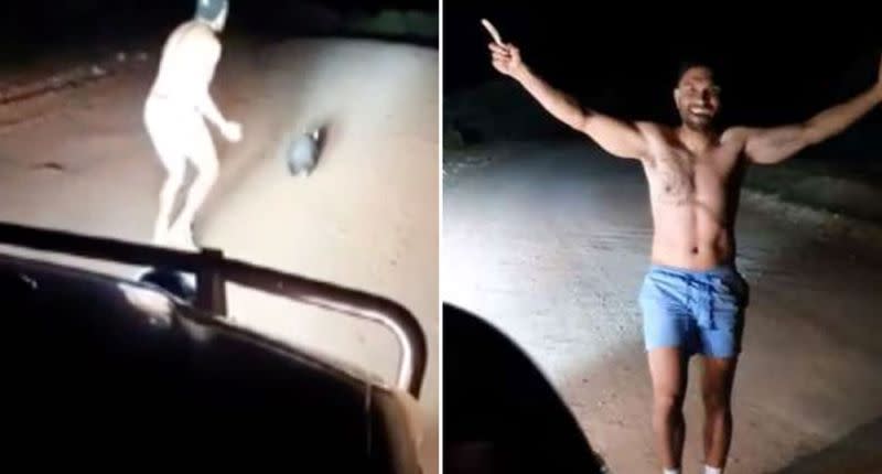 Waylon Johncock is pictured following a wombat at night with a car behind him. He's also pictured with his arms in the air celebrating.