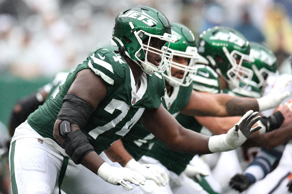 EAST RUTHERFORD, NEW JERSEY – SEPTEMBER 29: Olu Fashanu #74 of the New York Jets in action against the Denver Broncos at MetLife Stadium on September 29, 2024 in East Rutherford, New Jersey. (Photo by Luke Hales/Getty Images)