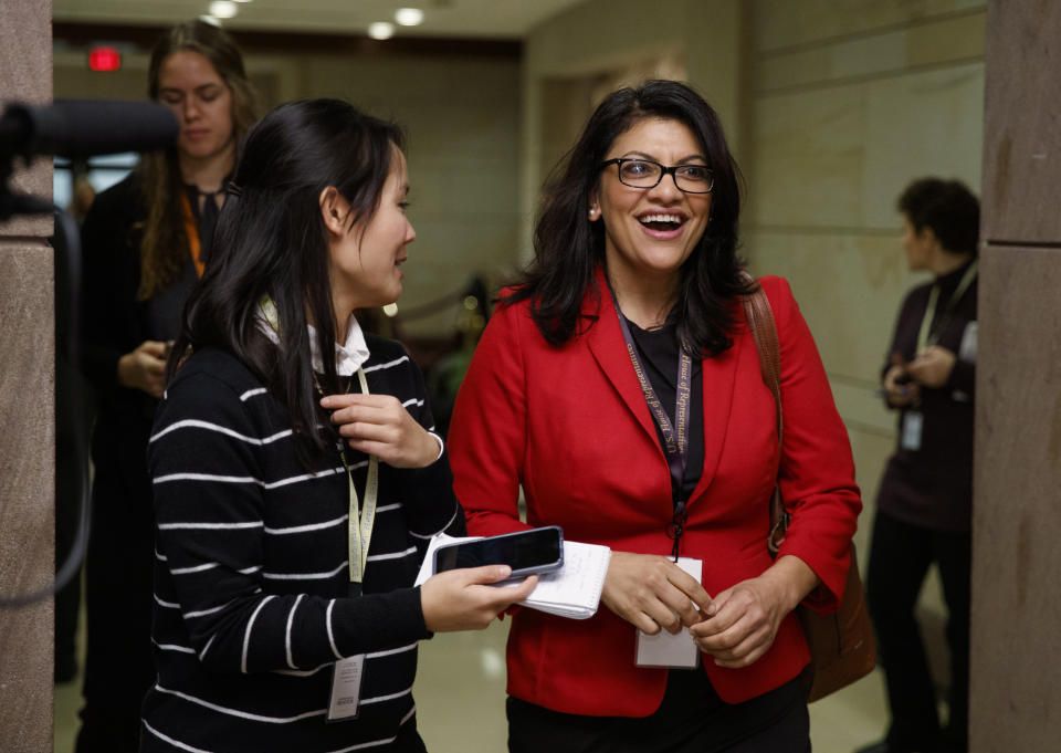 Rep.-elect Rashida Tlaib (D-Mich.) walks with a reporter on Capitol Hill on Nov. 15, 2018. Tlaib is seeking a spot on the House Appropriations Committee. (Photo: ASSOCIATED PRESS)
